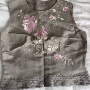 Vintage Linen Sleeveless Embroidered  Top